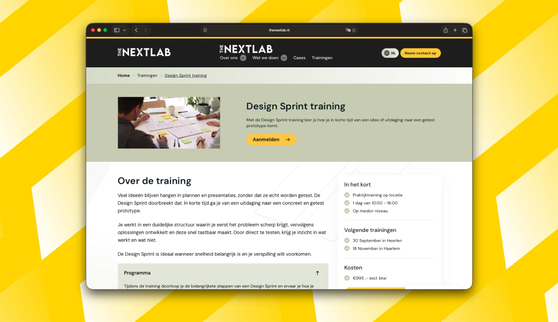 Screenshot van een training pagina van The Next Lab